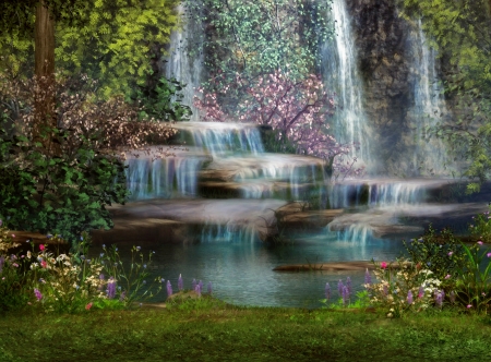 Cascades - trees, cascades, ivy, waterfall, nature, cherry blossom, reflection, beuty, flowers, grass