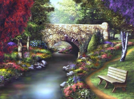 A Day in the Park - attractions in dreams, parks, summer, bench, gardens, creek, nature, love four seasons, flowers, bridges