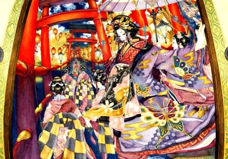 Geishas - anime, yellow, geisha, girl, oiran, kimono, manga, water color, shuka taupe, red, painting, butterfly