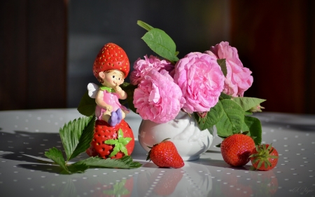 Still life with strawberries and figurine - strawberry, decoration, figurine, fruit, rose, flower, pink, still life