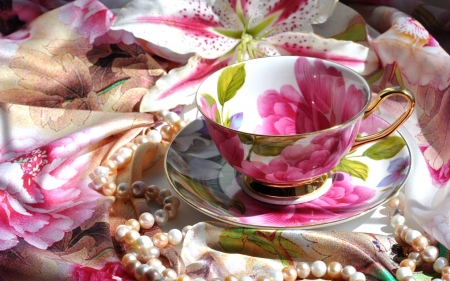 Peony cup - white, lily, pink, nacklace, peony, scarf, beads, cup