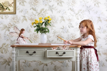 Learning how to be a fairy - redhead, girl, room, fetita, wings, child, copil, creative, fantasy, white, situation, manipulation, fairy, flower, little