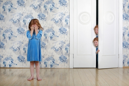 Ready?! - hide and seek, redhead, girl, room, fetita, child, copil, creative, white, children, situation, blue, dress, little