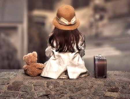 Little Girl with Teddy - sweet, girl, hat, teddy