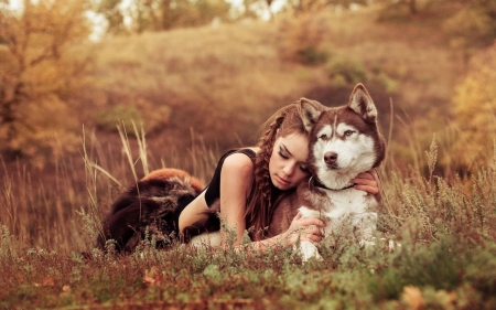 Woman loving her dog - husky, girl, dog, loving