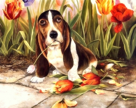 Dogs & Tulips - love four seasons, animals, tulips, dogs, cute, draw and paint, paintings