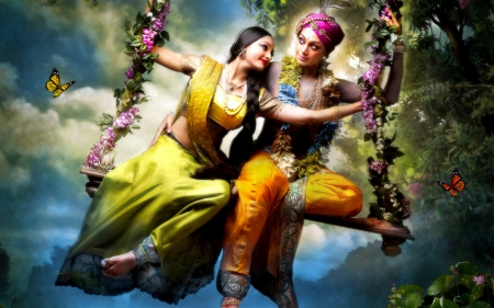 Indian Fantasy - woman, indian, couple, people, girl, serene, female, photography, colorful, fantasy, art, pretty, man, beautiful, swing, digital