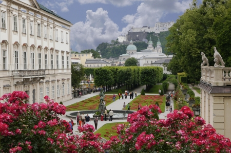 Mirabell Garden in Salzburg, Austria - people, buildingd, city, tree, flowers