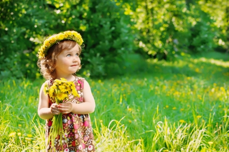 Sweet Girl With Flowers - girl, adorable, trees, child, sweet, flowers, grass, cute