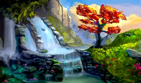 JUNGLE PARADISE - jungle, waterfalls, art, mountain