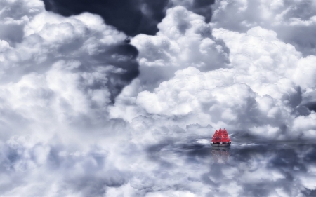 RED SAILING SHIP - WHITE, CLOUDS, SKY, SHIP, REFLECTION, RED, SAILING