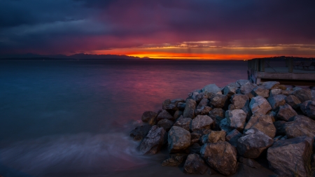 Sunset Sea - beaches, nature, oceans, sunset, sea, rocks