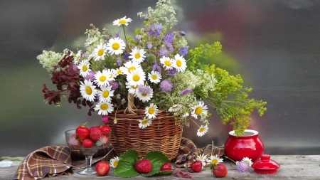 Still Life - daisies, pot, flowers, strawberries, blossoms, artwork