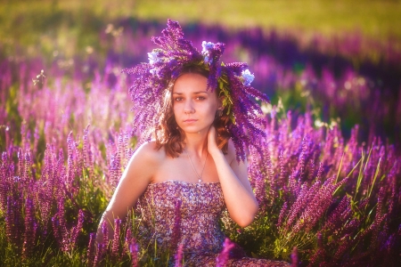 Lavender Girl - woman, purple, field, blossoms