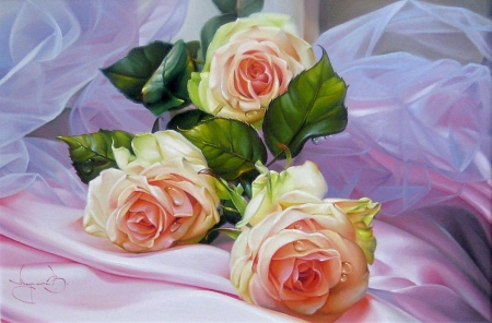 Roses - blossoms, painting, artwork, bunch, petals