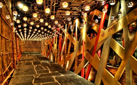 wild walkway hdr - lights, hdr, slats, stones, walkway