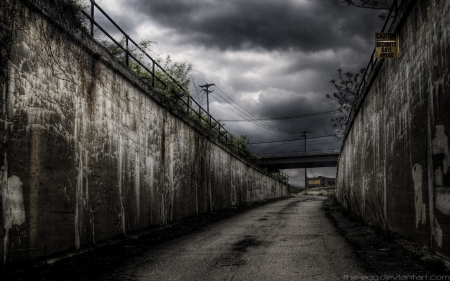 walled street in monochrome hdr - street, walls, clouds, monochrome, bridge, hdr