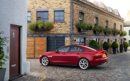 jaguar xe s - red, british, building, jaguar