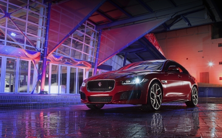 jaguar xe s - red, british, building, jaguar