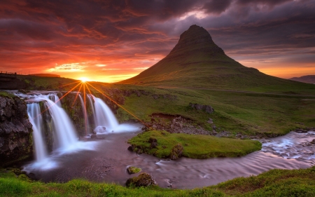 Beautiful Waterfall - nature, clouds, sunset, mountains, grass, waterfall