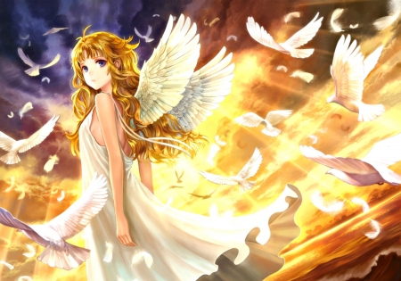 Angel - feather, bird, siro, dove, yellow, anime, girl, manga, art, wings, white, angel