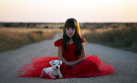 Little girl and her puppy - puppy, girl, fetita, copil, child, road, white, dog, red, animal, cute, dress, little