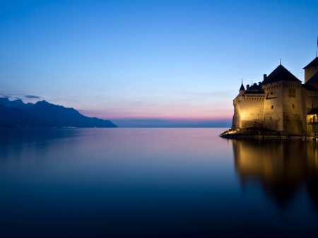 Castle at Lake Mountains - sky, lake, landscape, water, sunset, mountains, nature, reflection, castle, lights