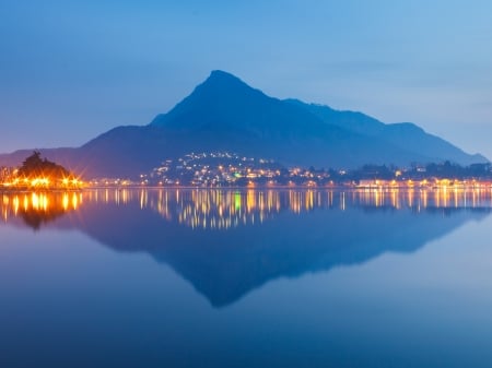 Reflection Mountains at Night - sky, landscape, night, mountains, nature, view, reflection, sea, lights