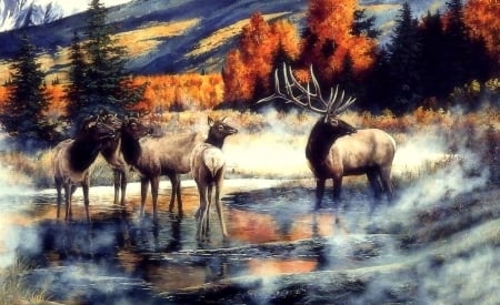 Out of the Mist - fall, attractions in dreams, paintings, autumn, deer, love four seasons, draw and paint, animals