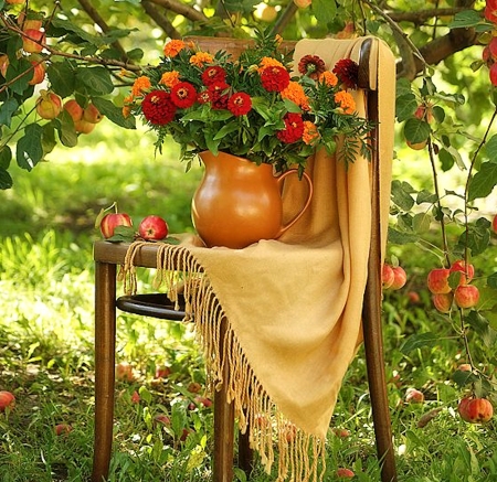 Under the Apple Tree - chair, tree, flowers, apple