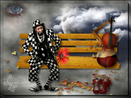 TEARS OF A CLOWN - MOON, SHOES, VIOLIN, CLOUDS, TEARS, EYE, CLOWN, STARS