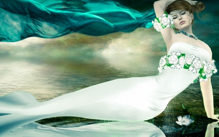 Mermaid - woman, rendering, girl, water, bride, fantasy, white, mermaid, green, flower