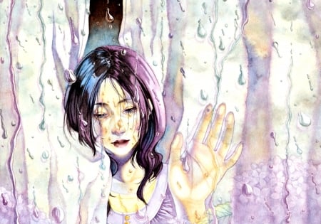 Still raining - anime, window, girl, pink, watercolor, manga, shuka taupe, white, ops, purple, painting, woman, water drops, rain, art