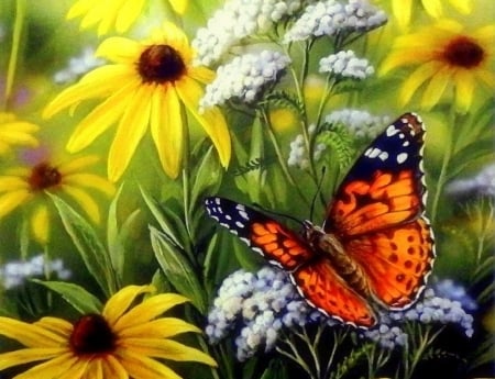 Lady Butterfly - animals, draw and paint, summer, love four seasons, butterfly, butterfly designs, paintings, flowers, garden