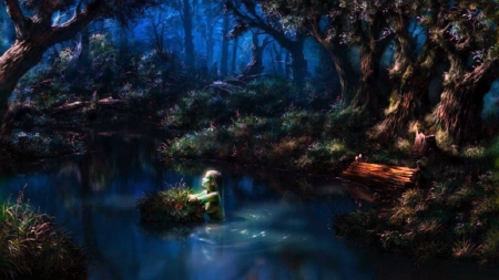 'Night memories'..... - lake, night, forest, mermaid