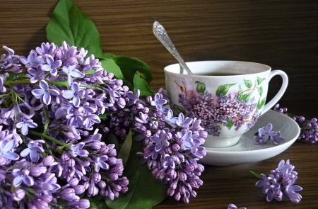 Tea Time - tea, purple, flower, cup