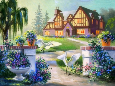 Morning Glory - attractions in dreams, houses, summer, gardens, egrets, love four seasons, home, paintings, flowers, birds