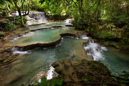 Kuang Si Falls - fun, nature, cool, forest, river, waterfall