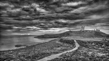 ancient ruins at the seashore in BW hdr - clouds, shore, hdr, sea, BW, ruins