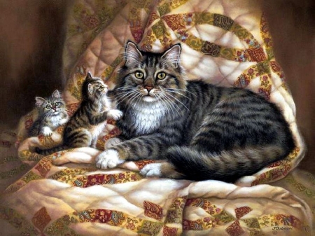 MOTHER CAT - bed, cat, kittens, mother, watchful