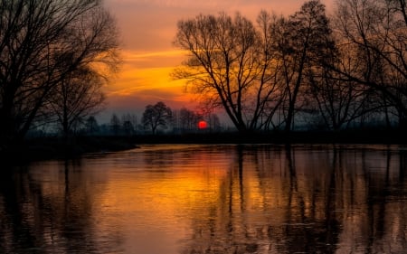 orange marble sun at sunset - trees, sunset, lake, orange, sun