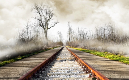 railway in autumn mist hdr - autumn, mist, railway, hdr, road, gravel, forest