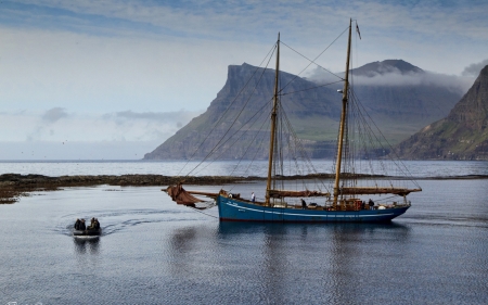 sailboat in the faroe islands - dingy, people, sailboat, mountains, bay