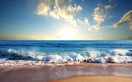 waves on a beach at sunrise - beach, sunrise, sea, waves