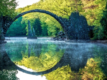 Bridge on the River - nature, lake, trees, forest, reflection, river, bridge