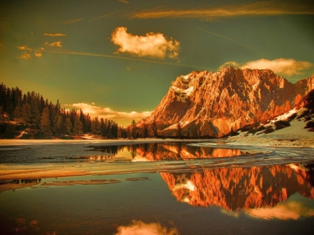 Reflection Mountains - beauty, sky, trees, mountains, nature, forest, reflection, clouds, river