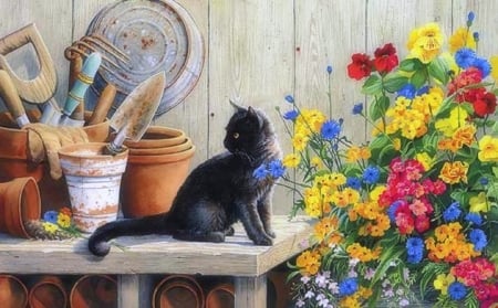 Garden's Helper - black cat, paintings, flowers, garden, cute, cats, love four seasons, draw and paint, animals