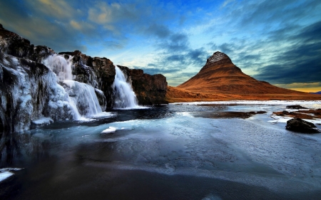 Waterfall - nature, iceland, mountain, tree, leaf, waterfall