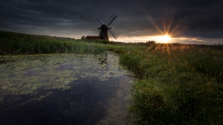 Windmill - lake, windmill, river, grass