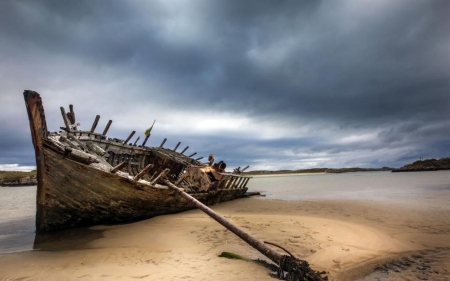 Relic of the sea VI. - clouds, coast, beach, ship, boat, landscape, scene, sea, ocean, shore, nature, relic, sky, wallpaper